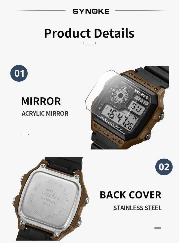 Synoke Outdoor Military Digital Watch For Men Fashion Retro Men Watch Sports 3Bar Waterproof Men Watch Multifunctional Luminous