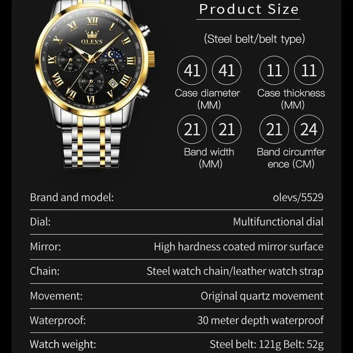 OLEVS 5529 Top Luxury Brand Men's Watch Waterproof Luminous Stainless Steel Lunar Phase Timing Code Watch New Quartz Men's Watch