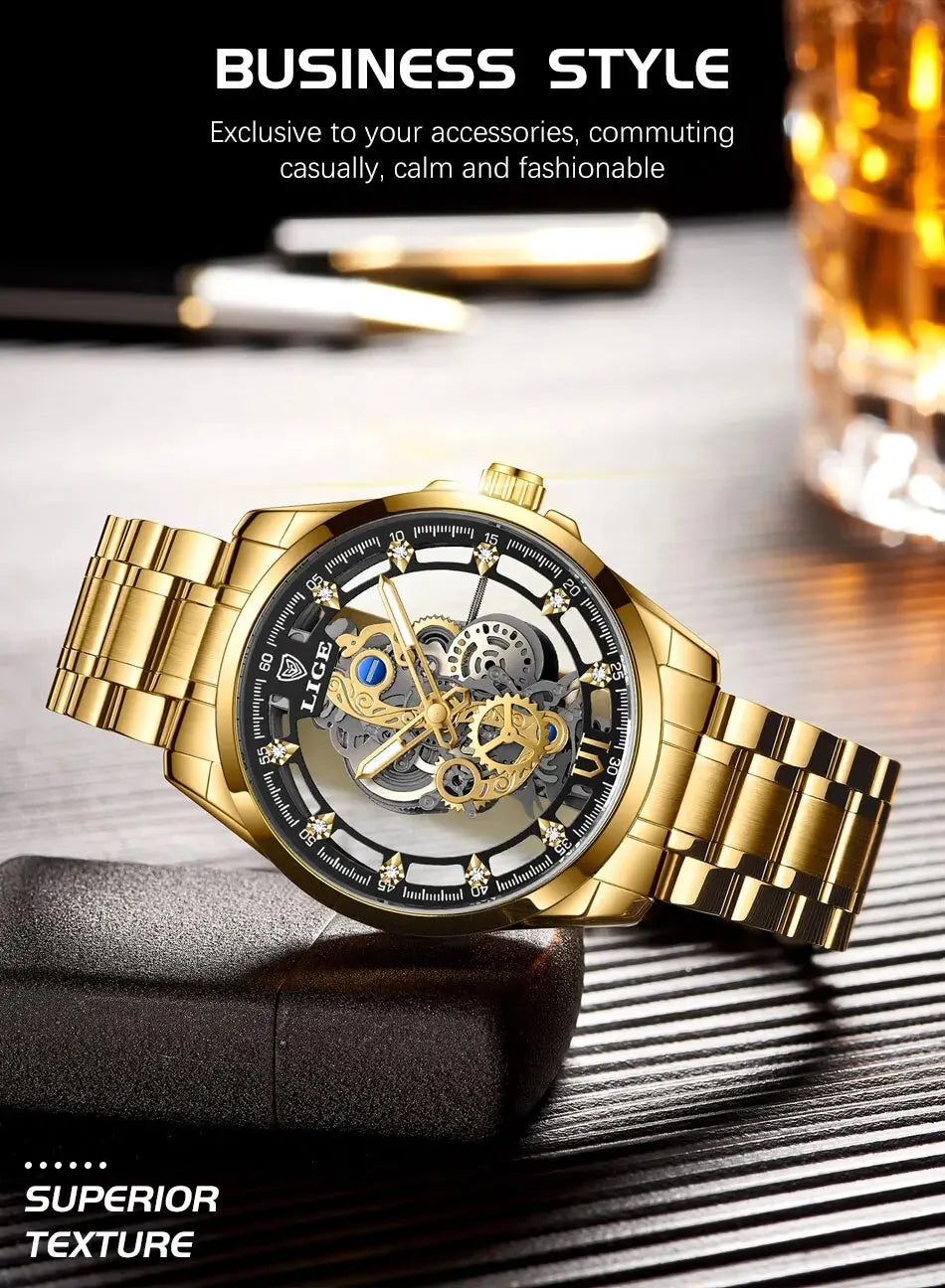 LIGE New Men Watch Skeleton Quartz Wristwatch Gold Skeleton Retro Man Watch Top Brand Luxury Clock Mens Watches Reloj Hombre