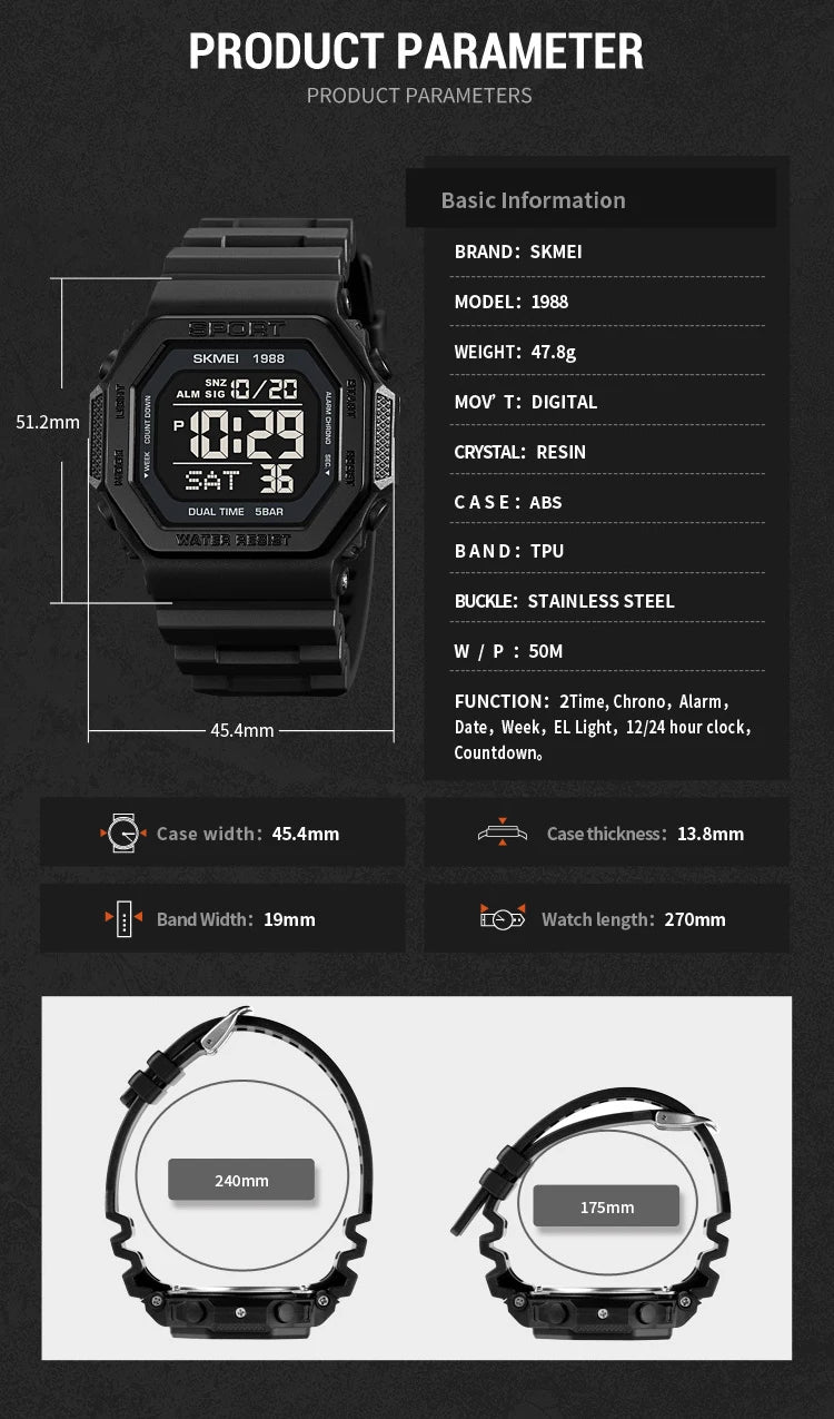 SKMEI Digital Sports Watch for Men LED Display Military Countdown Mens Wristwatches Waterproof Clock Relojes Para Hombre 1988