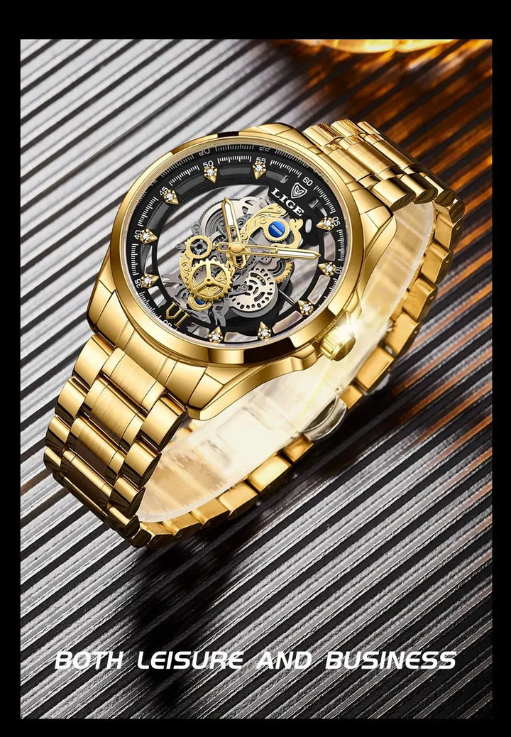 LIGE New Men Watch Skeleton Quartz Wristwatch Gold Skeleton Retro Man Watch Top Brand Luxury Clock Mens Watches Reloj Hombre