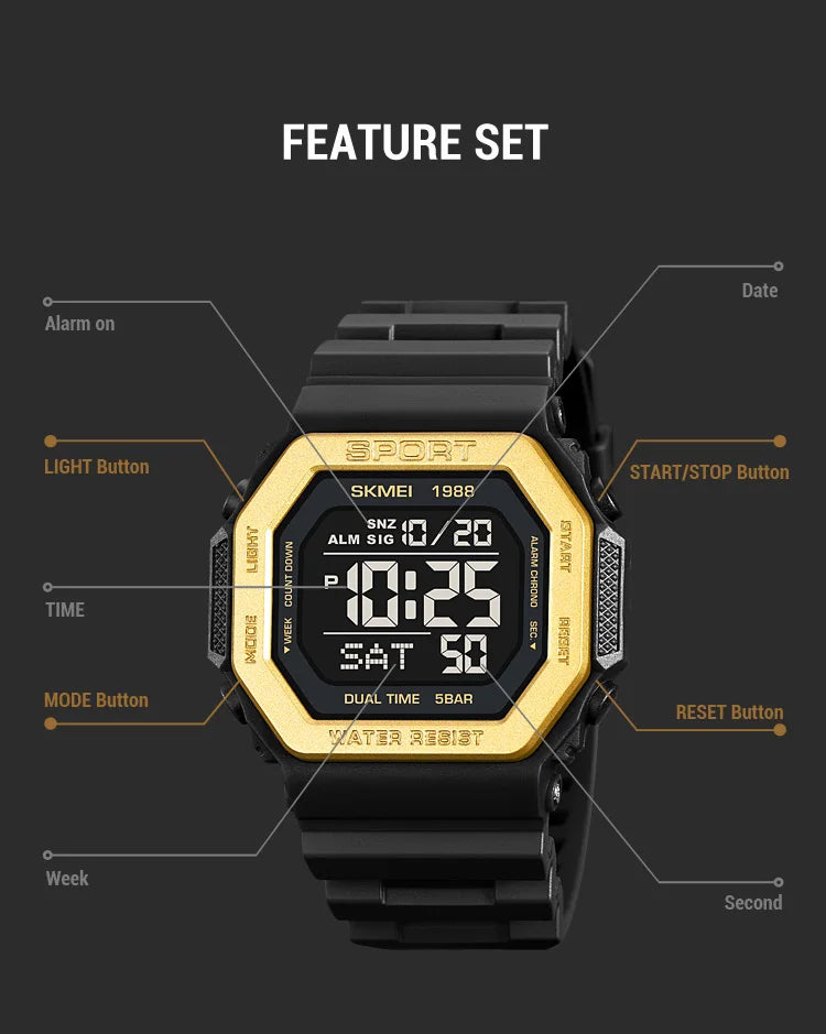 SKMEI Digital Sports Watch for Men LED Display Military Countdown Mens Wristwatches Waterproof Clock Relojes Para Hombre 1988