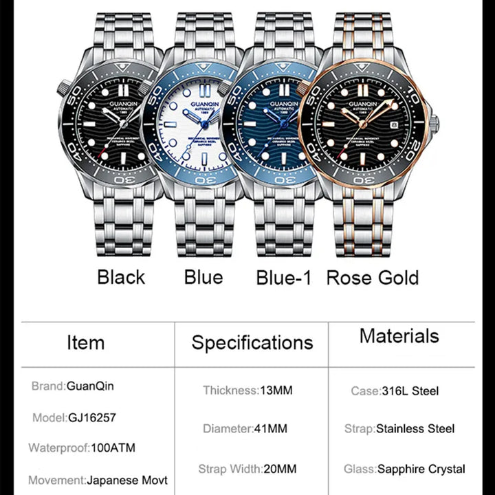 GUANQIN Men's watches Top brand Luxury Automatic Mechanical Watch for men 100m Waterproof Stainless Steel wirstwatch Clock 2023