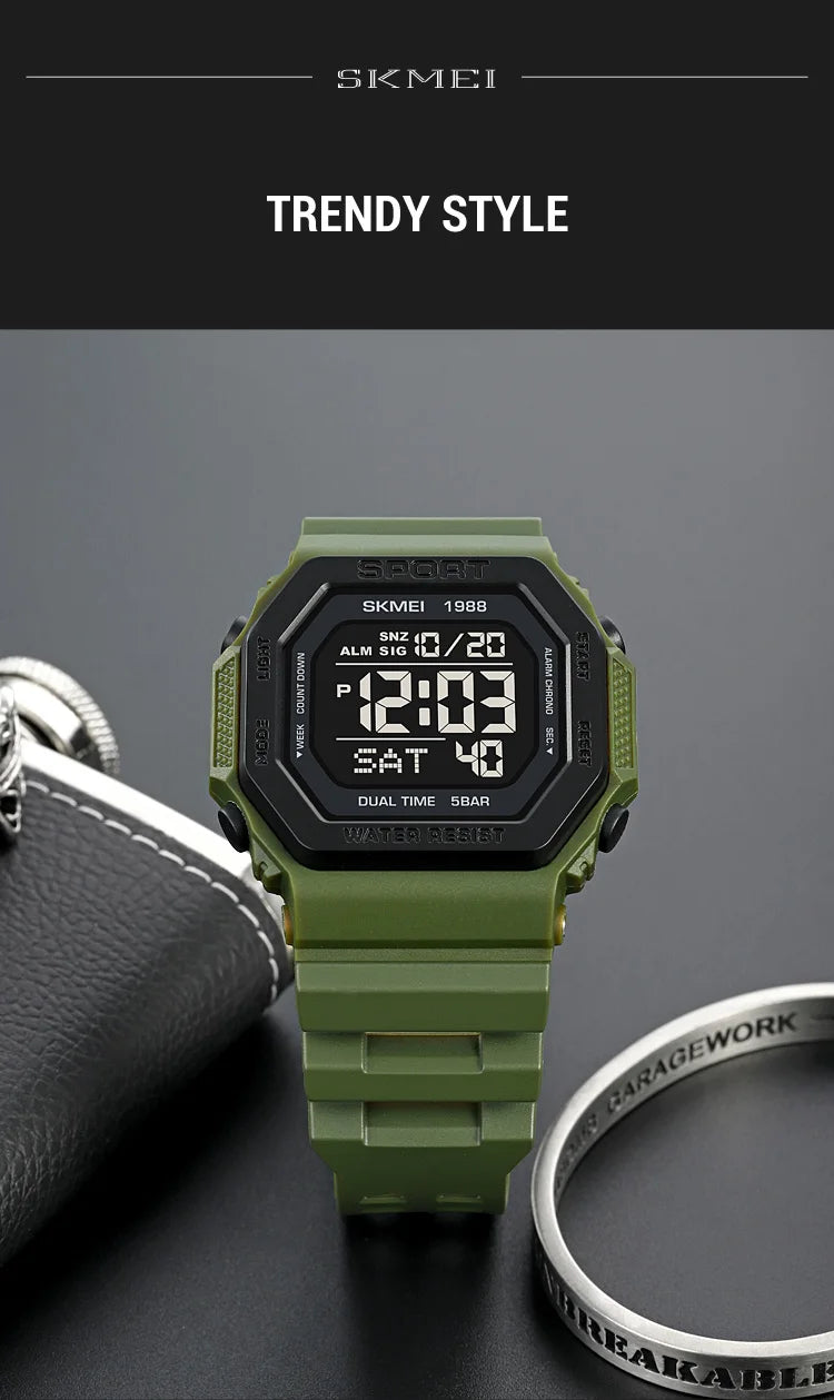 SKMEI Digital Sports Watch for Men LED Display Military Countdown Mens Wristwatches Waterproof Clock Relojes Para Hombre 1988