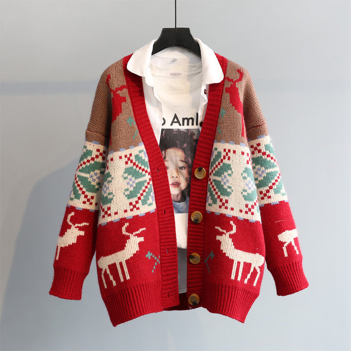 Women's Christmas Fawn Jacquard Vintage Blouse Jacket