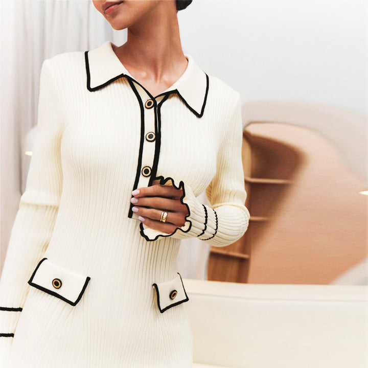 Trumpet-sleeved Knitted Dress Fashion Slim Lapel Button Dresses Fall Wainter Women's Clothing