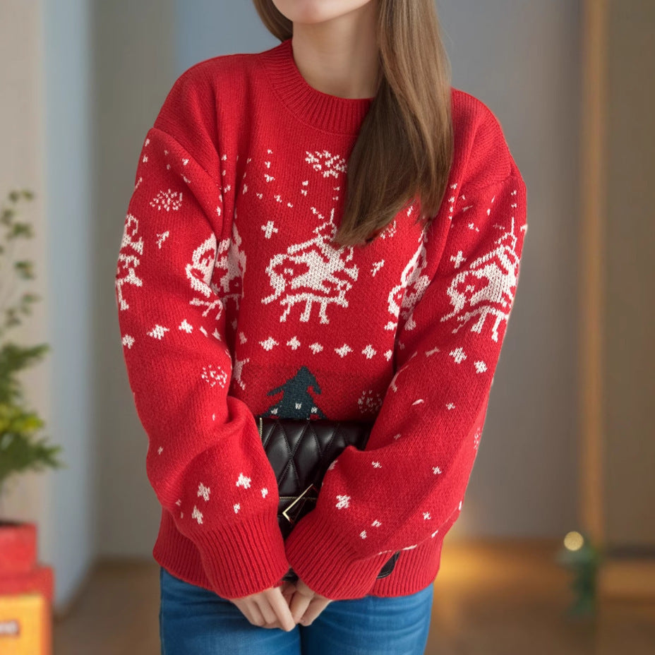 Christmas Red Sweater Women Jacquard Pullover Knitted Sweater