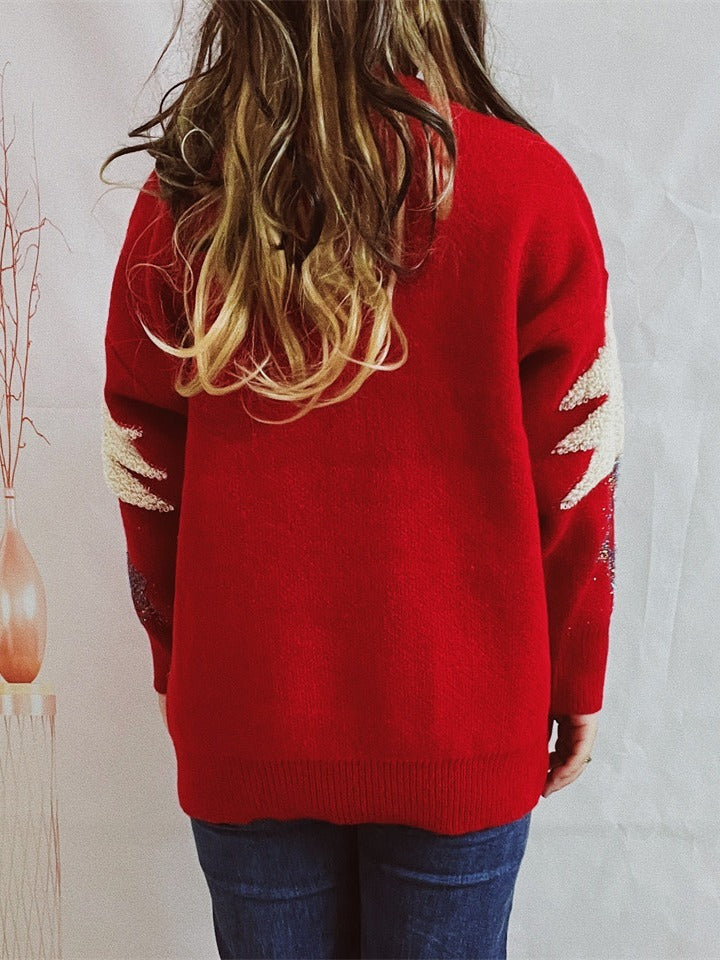 Women's Christmas Tree Jacquard Gold Thread Knitted Round Neck Long Sleeve Sweater