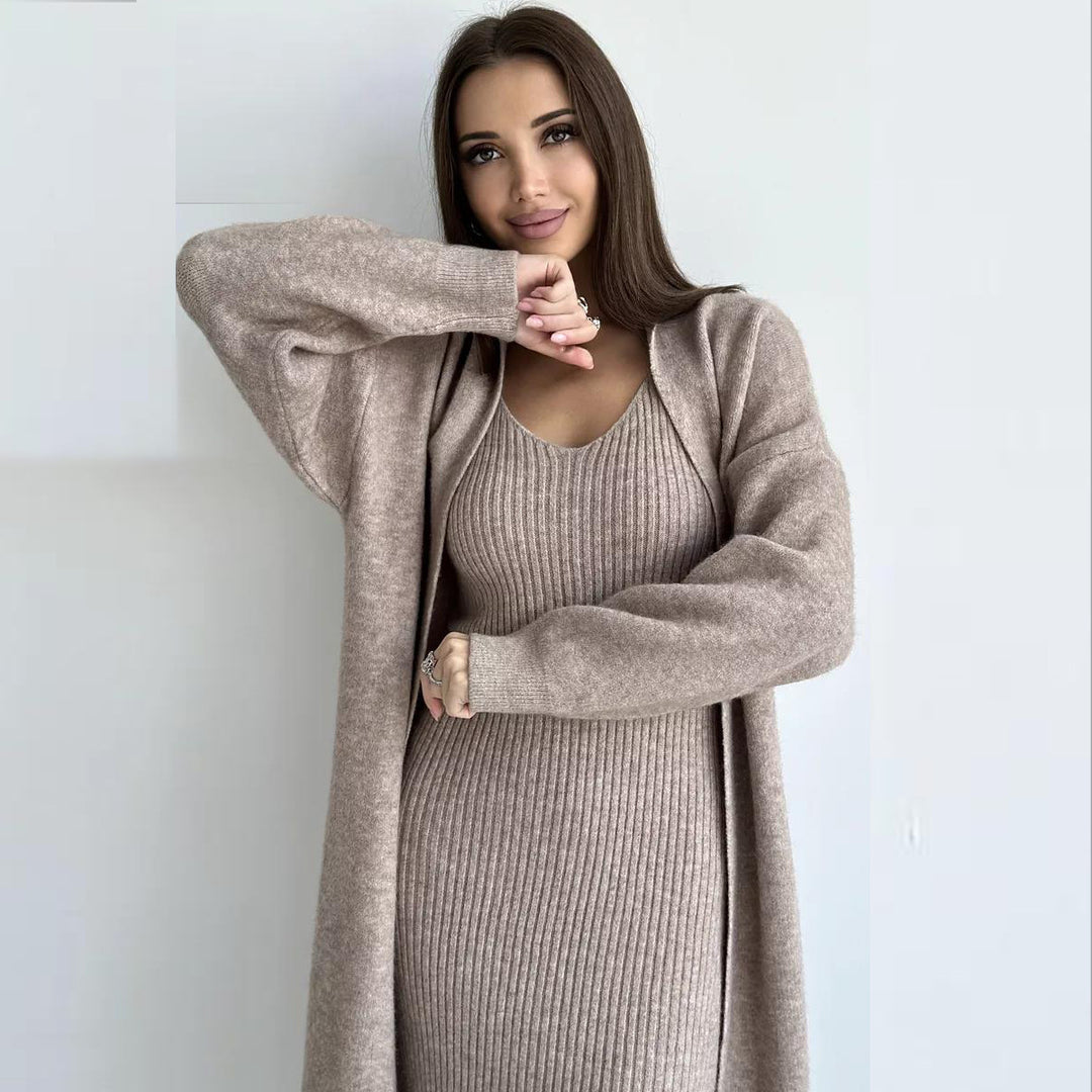 2pcs Knitted Suit Fashion Slim Sleeveless Long Dress And Casual Loose Cardigan Spring Fall Women's Clothing