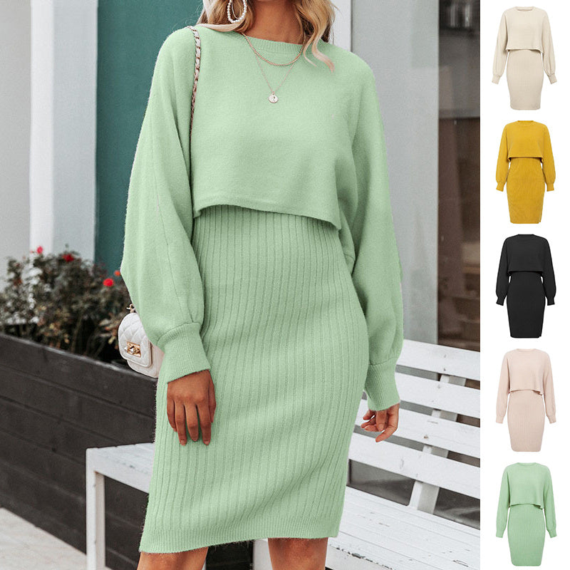 2pcs Knitted Dress Suit Fashion Solid Color Pullover Lantern-sleeved Sweater Fall Winter Women's Clothing