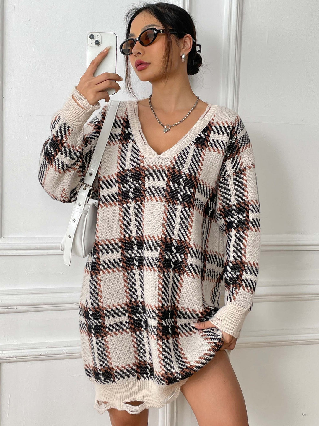 Fashion V-neck Plaid Dress Casual Loose Long-sleeved Dresses Autumn And Winter Women's Clothing