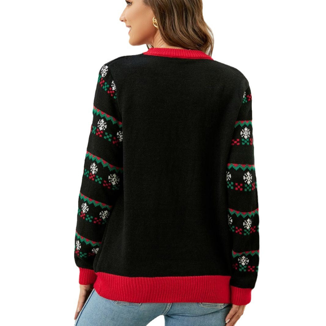 Round Neck Jacquard Pullover Women's Sweater With Light