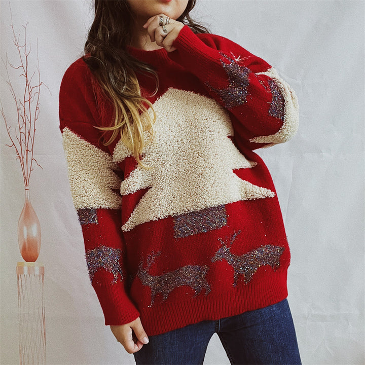 Women's Christmas Tree Jacquard Gold Thread Knitted Round Neck Long Sleeve Sweater