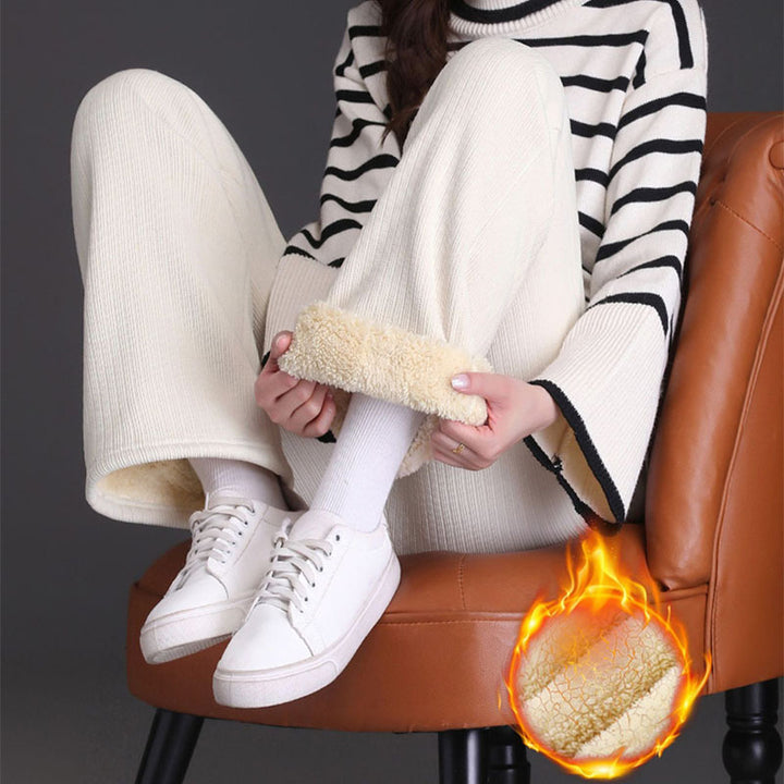 Winter Wide-leg Fleece Trousers For Women Warm Straight-leg Casual Lamb Cashmere Pants Loose Sports Sweatpants