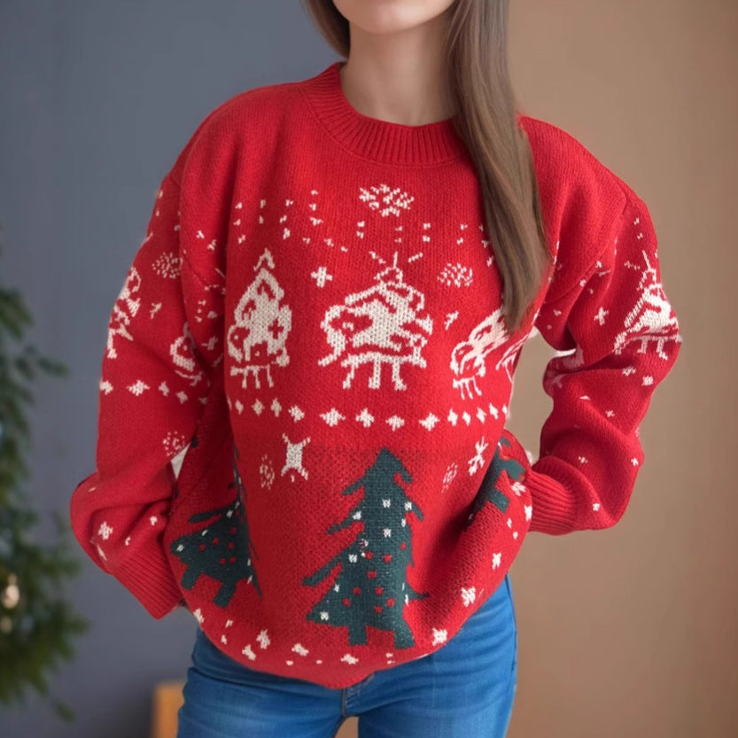 Christmas Red Sweater Women Jacquard Pullover Knitted Sweater